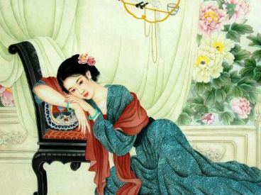 唐代张文恭所作的《佳人照镜》，描绘一个满脸疲倦之色的女子形象