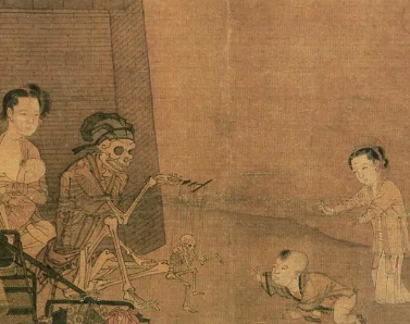 《骷髅幻戏图》描绘了什么画面？作者李嵩想表达什么？